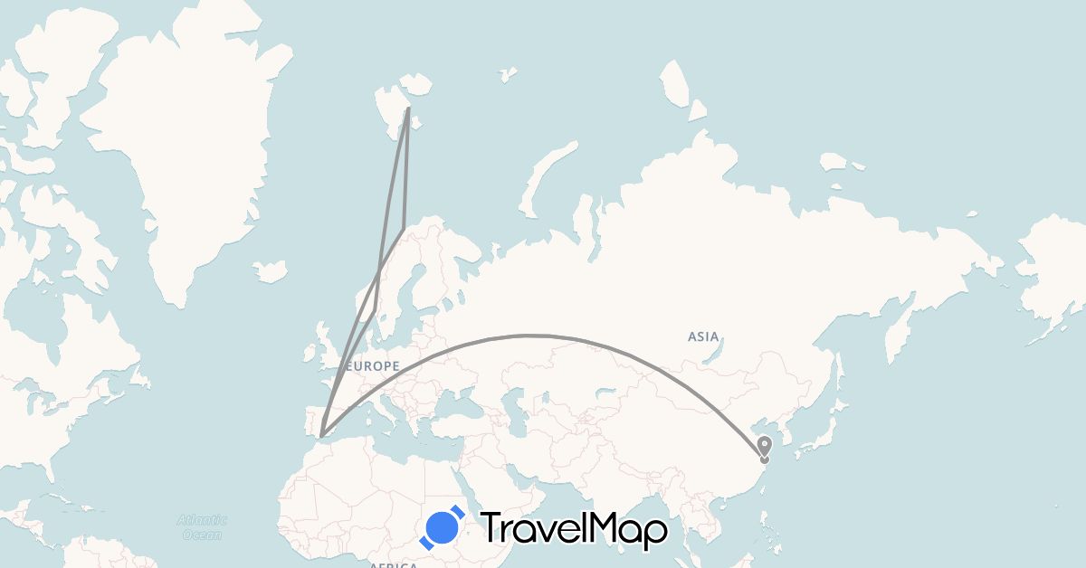 TravelMap itinerary: plane in China, Spain, Norway (Asia, Europe)